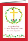 Merry Christmas Sunday School Teacher Cross Holly Custom Name card