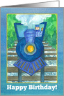 Happy Birthday Blue Steam Train Watercolor Illustration card