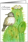 State Bird of Arizona Cactus Wren Saguaro Blossom Watercolor card