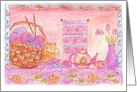 Knitting Kitten Pink Flowers Crafts Blank card