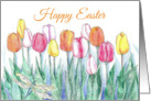 Happy Easter Spring Tulips Dragonfly Drawing card