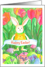 Happy Easter White Bunny Rabbit Tulip Flowers card