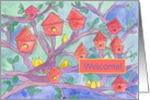 Red Bird Houses Welcome to the Neighborhood Yellow Birds card