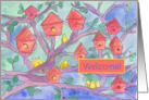 Red Bird Houses Welcome to the Neighborhood Yellow Birds card