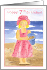 Happy 7th Birthday Girl in Pink Dress at the Beach card