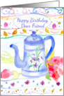 Happy Birthday Dear Friend Antique Blue Coffee Pot Watercolor card