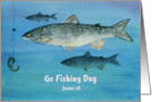 Go Fishing Day June 18 Lake Fish Worm Bait Watercolor card