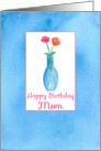Happy Birthday Mom Pink Poppy Flower Bouquet Blue Watercolor card