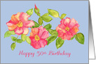 Happy 50th Birthday Pink Watercolor Roses Blue card