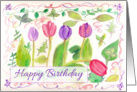 Happy Birthday Friend Pink Purple Tulips Watercolor Art card