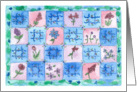 Blue Flower Check Quilt Watercolor Painting Note Card