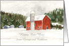 Happy New Year Farm Red Barn Custom Name card