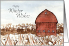 Happy New Year Winter Wishes Barn Watercolor card