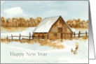 Happy New Year Winter Farm Barn Watercolor card