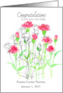 New Baby Congratulations Pink Carnations Custom Name card