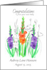 New Baby Congratulations Gladiola Flowers Custom Name card