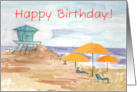 Happy Birthday Ocean Beach Umbrellas Watercolor card