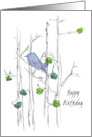 Happy Birthday Bluebird Trees Leaves Pen and Ink Nature Art card