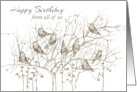 Business Birthday From All Of Us Birds In Trees Sepia Drawing card