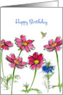 Happy Birthday Honey Bee Pink Coreopsis Nigella Watercolor Flowers card