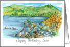 Happy Birthday Son Mountain Lake Ducks Watercolor Painting card