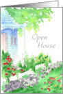 Open House Invitation Red Birdhouses Watercolor Illustration card