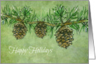 Happy Holidays Evergreen Pinecone Branch Botanical Drawing card