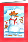 Merry Christmas Snowman Cowboy Horseshoe Watercolor card