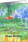 Happy Birthday Red Barn Cows Pasture Watercolor card