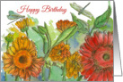 Happy Birthday Red Daisy Flowers Dragonfly Watercolor Art card