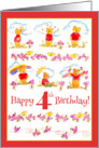 Happy 4th Birthday Teddy Bears Flowers Watercolor Illustration card