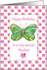 Happy Birthday Student Green Butterfly Pink Watercolor Flowers card