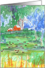 Cows Red Barn Farm Animals Trees Illustration Blank card