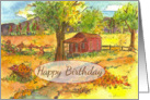 Happy Birthday Card Autumn Red Cabin Pumpkins Watercolor Art card