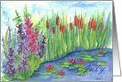 Happy July Birthday Cattails Larkspur Waterlily Pond card