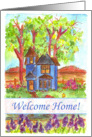 Welcome Home Blue Victorian Cottage House Landscape Art card