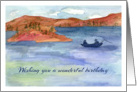 Happy Birthday Fishing Boat Mountain Lake Watercolor Painting card