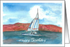 Happy Birthday Summer Lake Sailing Watercolor Painting card