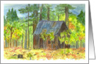 Happy Birthday Friend Forest Cabin Autumn Trees Watercolor card