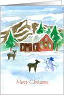 Merry Christmas Snowman Deer Country Cabin card