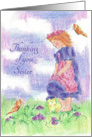 Thinking of You Sister Flower Meadow Young Girl Kitten Butterflies card