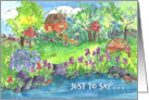 Iris Cottage Pond Just to Say Watercolor Flowers Blank card