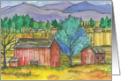 Red Barns Farm Fields Mountain Landscape Blank card