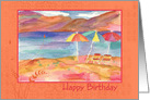 Happy Birthday Beach Umbrellas Blue Water Mountains card