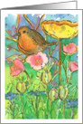 Robin Nigella Poppy Flower Garden Blank card