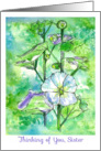 Thinking of You Sister White Hollyhock Flower Green Watercolor card