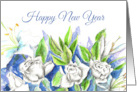 Happy New Year White Roses Lily Flower Watercolor card