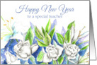 Happy New Year Teacher White Roses Watercolor card