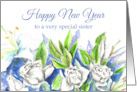Happy New Year Sister White Roses Watercolor card