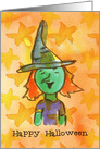 Happy Halloween Green Witch Watercolor Illustration card